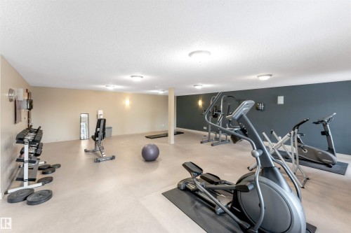 Dedicated fitness area featuring light-toned flooring, recessed ceiling lights, and two-tone wall finishes - 201 4403 23 Street, Edmonton, AB - Indoor Photo Showing Gym Room
