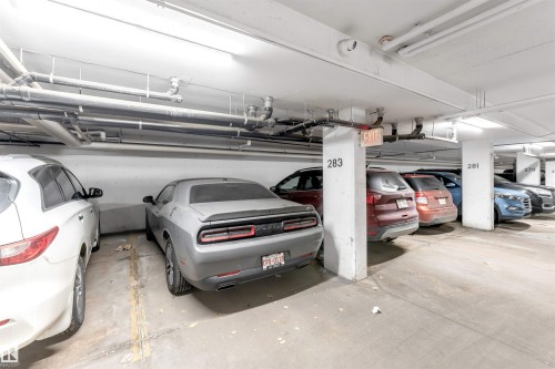 Dedicated parking spaces within a concrete subterranean garage, featuring overhead utility lines and illuminated by fluorescent strip lighting - 201 4403 23 Street, Edmonton, AB - Indoor Photo Showing Garage