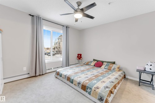 Light-filled room featuring a large window, neutral wall paint, and a ceiling fan with integrated lighting - 201 4403 23 Street, Edmonton, AB - Indoor Photo Showing Bedroom