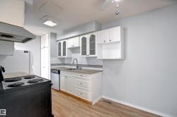 Kitchen featuring white cabinetry, a built-in dishwasher, wood-finish flooring, a tile backsplash, and a ceiling fan - 