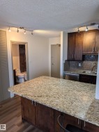 Kitchen island featuring a light-toned granite countertop and dark wood cabinetry - 