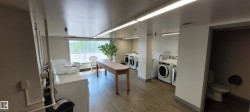 Spacious laundry facility featuring multiple washing machines and dryers, wood-finish flooring, and bright overhead lighting - 