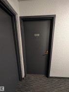 Dark gray door with black trim and brass hardware, featuring textured wall finishes and patterned carpeting - 