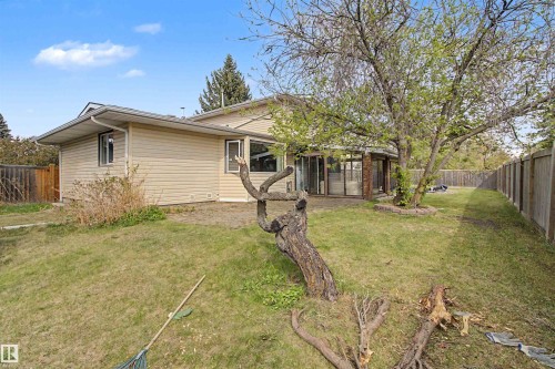 Expansive backyard featuring a mature tree, a sunroom with large windows, and a private fenced perimeter - 11617 26 Avenue, Edmonton, AB - Outdoor