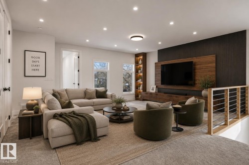 Inviting living area featuring a wood-panel media wall, recessed and flush-mount lighting, and a contemporary wood and metal railing - 5820 110 Street, Edmonton, AB - Indoor Photo Showing Living Room