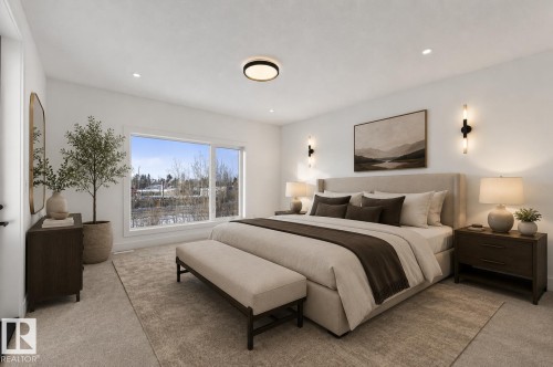 Spacious room featuring a large window, recessed lighting, wall sconces, a ceiling light fixture, and carpeted flooring - 5820 110 Street, Edmonton, AB - Indoor Photo Showing Bedroom