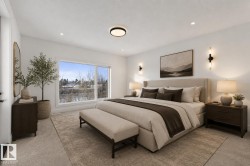 Spacious room featuring a large window, recessed lighting, wall sconces, a ceiling light fixture, and carpeted flooring - 