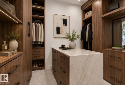 Custom cabinetry with wood-finish construction and integrated lighting - 5820 110 Street, Edmonton, AB - Indoor Photo Showing Other Room