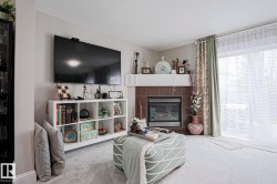 Living space featuring a tile-surround fireplace with mantel, soft carpeting, a multi-pane glass door, and a built-in shelving unit - 