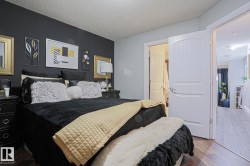Bedroom featuring a dark accent wall, light grey painted walls, wood-finish flooring, and white interior doors - 