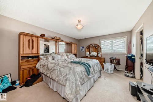 Carpeted bedroom featuring a large window with horizontal blinds, a ceiling-mounted light fixture, and a built-in closet with an open doorway - 5107 200 Street, Edmonton, AB - Indoor Photo Showing Bedroom