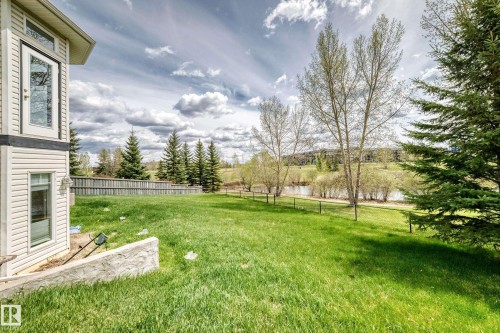 Expansive grassy yard offering a serene water feature, mature evergreen trees, and a privacy fence - 5107 200 Street, Edmonton, AB - Outdoor