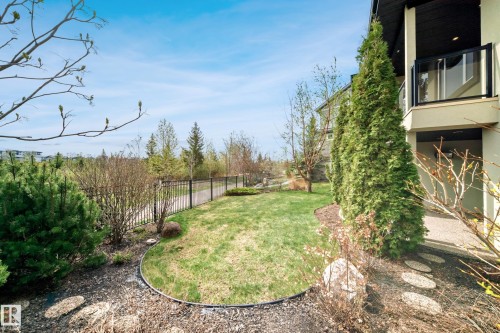 Expansive backyard featuring a manicured lawn, established landscaping, and a perimeter fence - 527 Callaghan Point(E), Edmonton, AB - Outdoor