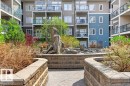 Central courtyard with a stone water feature, framed by retaining walls - 223 10121 80 Avenue, Edmonton, AB  - Outdoor With View 