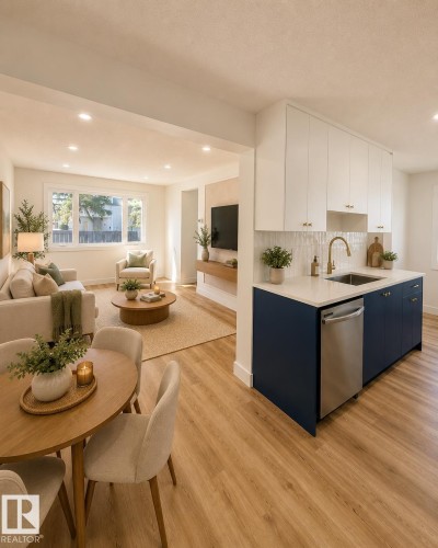 Modern kitchen featuring white upper cabinetry, deep blue lower cabinetry, white quartz countertops, and a stainless steel dishwasher - 224 Callingwood Two Two, Edmonton, AB - Indoor