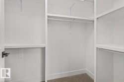 Custom closet system featuring multiple white shelves, hanging rods, and a plush carpeted floor - 