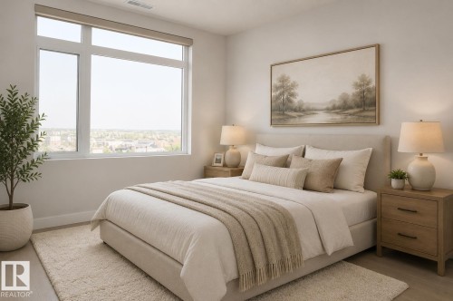 Spacious bedroom featuring large windows, light wood-finish flooring, and light-toned walls - 531 5151 Windermere Boulevard, Edmonton, AB - Indoor Photo Showing Bedroom