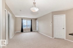 Spacious room featuring neutral carpeting, light-toned wall paint, and white trim - 