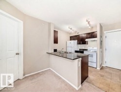 Kitchen featuring dark wood cabinetry, black countertops, and white appliances - 