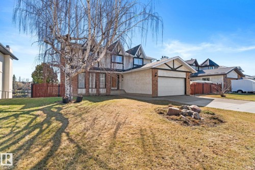 Tudor Revival exterior featuring brick and stucco finishes, an attached garage, a mature birch tree, and a concrete driveway - 10673 161 Avenue, Edmonton, AB - Outdoor