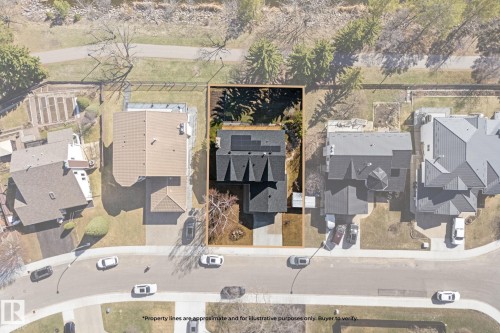 Aerial perspective of a property with a dark shingle roof and multiple solar panels - 10673 161 Avenue, Edmonton, AB - 
