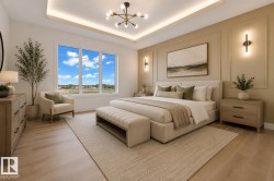Spacious room featuring a tray ceiling with integrated lighting, a chandelier, wood-finish flooring, accent wall paneling, and large windows - 