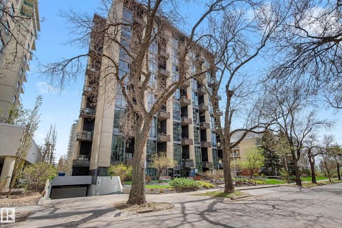 Multi-story building featuring extensive glazing, private balconies, and a concrete facade - 1205 10045 118 Street, Edmonton, AB - Outdoor With Facade