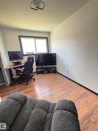 Room featuring wood-finish flooring, a window with dark trim, and light-colored walls - 
