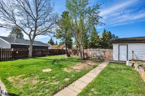 Expansive backyard featuring a lush lawn, mature trees, wood privacy fencing, a concrete pathway, and a detached storage shed - 112 Oak Drive, Wetaskiwin, AB - Outdoor