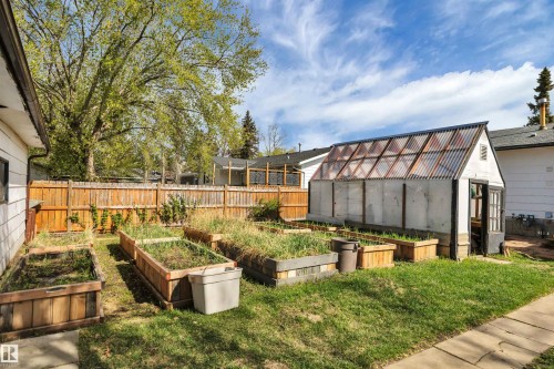 Private backyard featuring a large greenhouse with a translucent roof, multiple raised garden beds, a wooden privacy fence, and a manicured lawn - 112 Oak Drive, Wetaskiwin, AB - Outdoor With Deck Patio Veranda