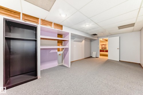 Built-in shelving and cabinetry with wood-finish louvered accents - 9528 189 Street, Edmonton, AB - Indoor