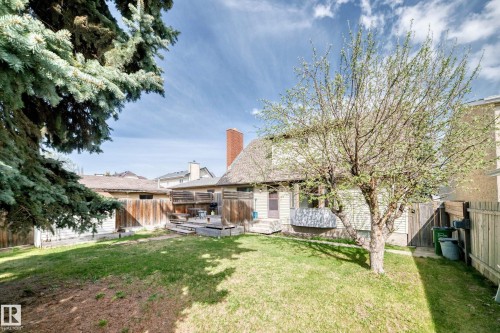 Expansive backyard featuring a manicured lawn, established mature trees, a multi-level wooden deck, and a privacy fence - 9528 189 Street, Edmonton, AB - Outdoor