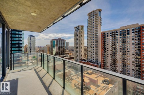 Outdoor balcony featuring a concrete floor and a glass railing - #1601 10180 103 St Nw, Edmonton, AB - Outdoor With Balcony With View