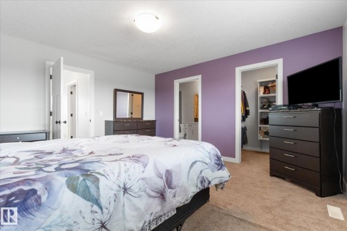 Carpeted bedroom featuring a light fixture, a door leading to a separate space, and an additional doorway revealing a walk-in closet with built-in shelving - 3 Richmond Link, Fort Saskatchewan, AB - Indoor Photo Showing Bedroom