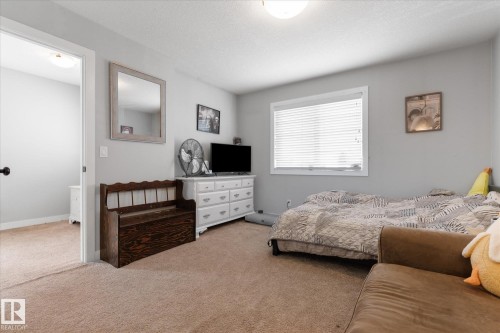 Carpeted room with light gray wall paint, featuring a white-trimmed window with horizontal blinds - 3 Richmond Link, Fort Saskatchewan, AB - Indoor Photo Showing Bedroom