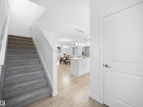 Carpeted staircase with white risers and railing - 30 Hope Cm, Spruce Grove, AB - Indoor Photo Showing Other Room