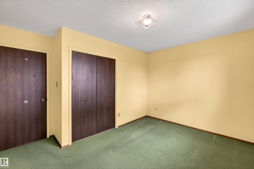 Room featuring neutral-toned walls, green carpeting, a flush-mount ceiling light fixture, and two wood-finish doors - 8407 150 Avenue, Edmonton, AB - Indoor Photo Showing Other Room