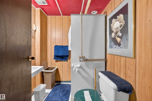 Compact bathroom featuring wood-panel walls and a red-painted ceiling - 8407 150 Avenue, Edmonton, AB - Indoor Photo Showing Other Room
