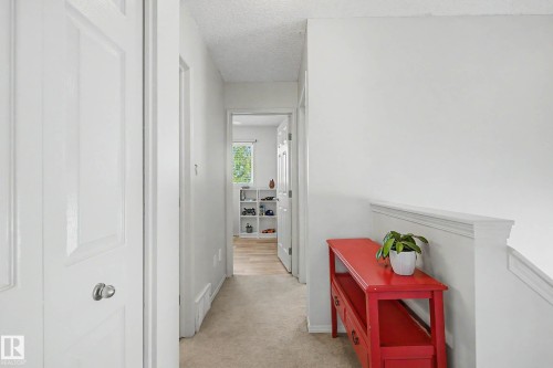 Carpeted hallway featuring white walls, white doors, and a wood-finish flooring visible through an open doorway - 16211 55A Street, Edmonton, AB - Indoor Photo Showing Other Room