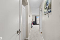 Interior hallway featuring light-colored carpet, painted walls, and white trim - 