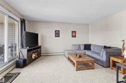 Spacious living area featuring light-toned carpeting and neutral wall paint - 
