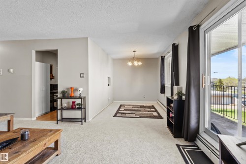 Spacious interior featuring neutral wall tones, textured ceiling, and light-toned carpeting - 6 3803 76 Street, Edmonton, AB - Indoor