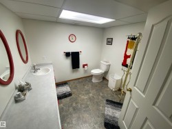 Bathroom featuring a dual-sink vanity with white basin sinks and a light-toned countertop, a toilet, and patterned tile flooring - 