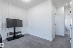 Feature wall with geometric paneling and light gray carpeting - 