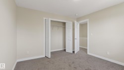 Neutral tone walls complemented by white trim and grey carpet flooring - 