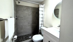 Contemporary bathroom featuring a walk-in shower with large format tile walls and a mosaic tile floor - 