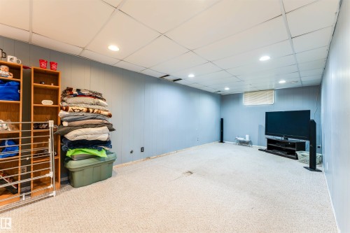 Finished basement space featuring light-toned carpeting and light blue paneled walls - 13231 74 Street, Edmonton, AB - Indoor Photo Showing Other Room