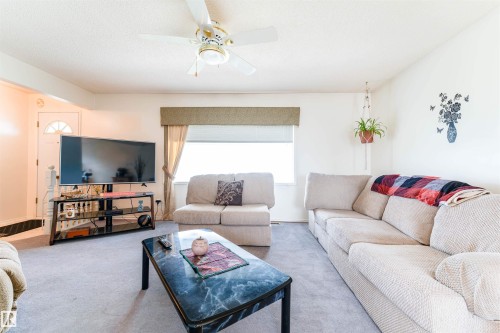 Living area featuring neutral-toned carpeting and a ceiling fan - 13231 74 Street, Edmonton, AB - Indoor Photo Showing Living Room