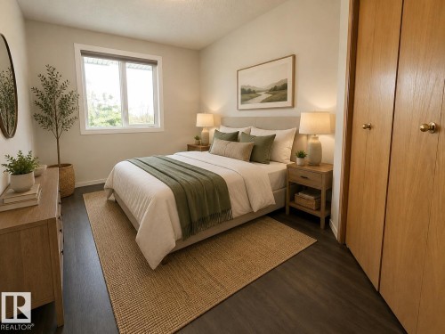 Dark wood-finish flooring with light-toned walls - 309 10610 76 Street, Edmonton, AB - Indoor Photo Showing Bedroom