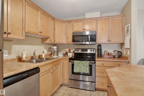 Kitchen featuring light wood cabinetry, stainless steel appliances, a double basin sink, neutral countertops, and tile flooring - 110 2903 Rabbit Hill Road, Edmonton, AB - Indoor Photo Showing Kitchen With Double Sink